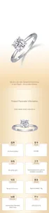 Detail view of 925 silver moissanite ring with 1ct six-prong setting and size chart