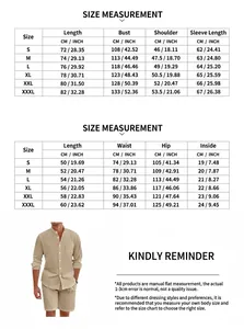 Size chart for men's linen shirt and shorts set including S-3XL dimensions in cm and inch