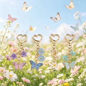 Colorful enamel butterfly and flower metal keychains with heart lobster clasps set