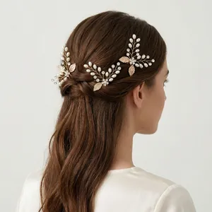Épingle à Cheveux de Mariage Faite Main Feuille d'Or Avec Fausses Künstliche Perles Et Strass Pic à Cheveux en U Mariage Femmes Accessoires