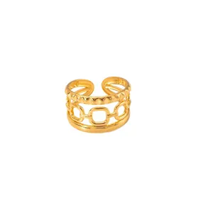 Three-layer golden adjustable ring featuring geometric square hollow-out link design