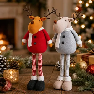 Standing plush Christmas reindeer dolls in red and grey festive outfits with long legs