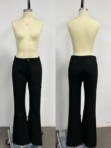 Front and back view of high-waisted black flared jeans with raw hems and five pockets