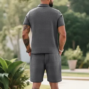 Men's relaxed fit horizontal stripe jacquard polo and shorts set in dark grey waffle fabric