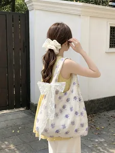 Floral canvas tote bag with white lace bow and matching scrunchie for women