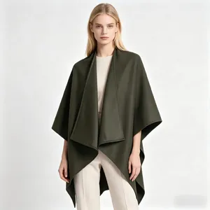 Front view of deep olive green wool shawl coat with oversized lapels and asymmetric hem