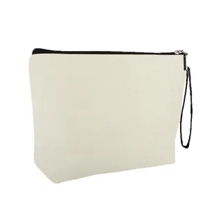 Minimalist cat print canvas makeup bag with black zipper and portable hand strap