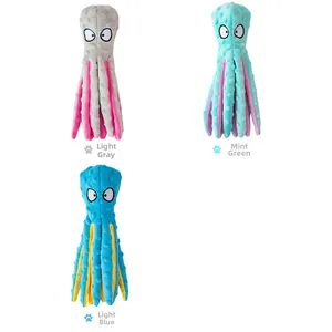 Detailed view of plush octopus pet toys in light gray, mint green, and light blue