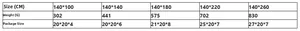 Detailed size chart with weight and dimensions for white fabric tablecloth styles