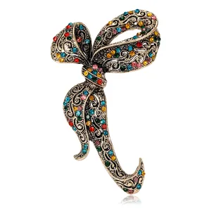 Vintage Elegant Bow Brooch For Women Luxury Alloy Hollow Rhinestone Corsage Antique Gold Silver Black Bowknot Pin Jewelry Gift