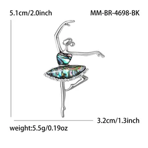 Exquisite dancing girl brooch with abalone shell inlay and rhinestones on white base