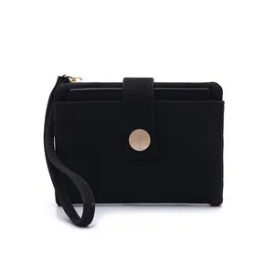 Close-up of black PU leather wallet with litchi texture, card slots and snap closure