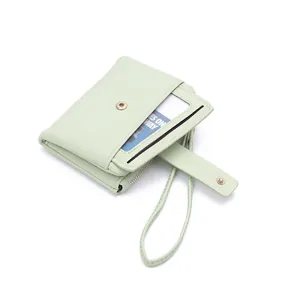 Short mint green lychee pattern PU leather wallet for women with wristlet strap