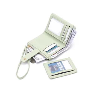 Mint green women short wallet in lychee grain leather with card slots and wrist strap