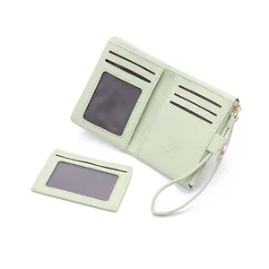 Mint green PU leather bifold short wallet with lychee texture and detachable card holder