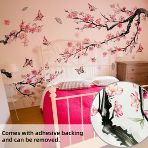 Detail showing pink flower branches and butterflies with adhesive backing wall sticker
