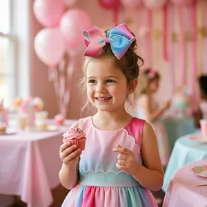 Gros plan d'un nœud papillon arc-en-ciel en ruban gros-grain porté par une petite fille