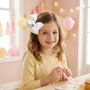 Gros plan d'un grand nœud blanc avec surpiqûres jaunes dans les cheveux d'un enfant