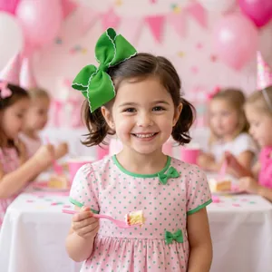 Détail du nœud en gros-grain vert et de la robe rose à pois assortie pour enfant
