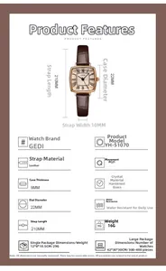 Detailed specs of the vintage square quartz watch with brown crocodile leather strap