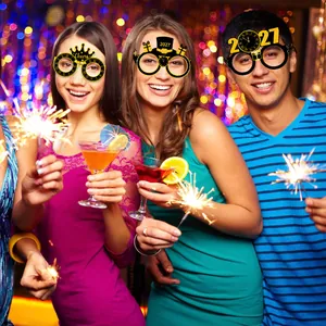 Models wearing 2027 New Year glitter paper glasses with Cheers crown for party fun