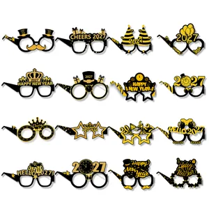 Detail view of 16-piece set of black and gold 2027 New Year party paper glasses