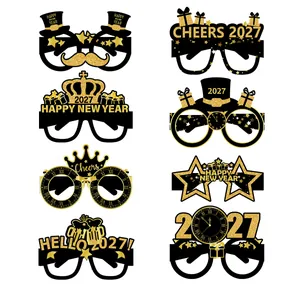 Set of 8 2027 New Year party paper glasses with gold glitter and holiday motifs