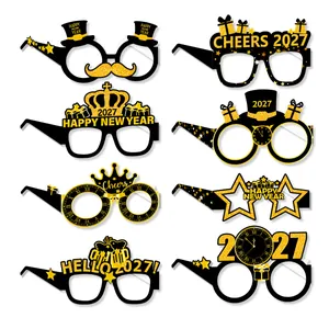 Detailed set of 8 gold and black glitter 2027 New Year party paper glasses props
