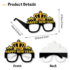 2027 Happy New Year party glasses with gold glitter crown and black paper frame