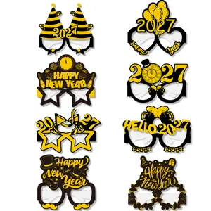 Set of 8 Happy New Year 2027 paper glasses props in yellow and black for party celebrations