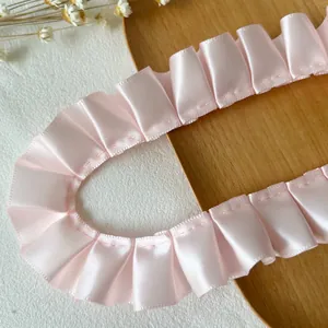 Pink pleated satin ribbon lace trim for DIY crafts and doll clothing decoration