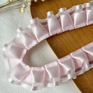 Elegant pink ruffled satin lace trim for DIY crafts and Lolita dress decoration
