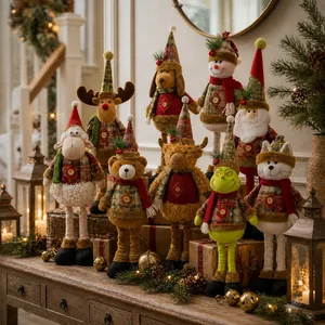 Detailed view of Christmas plush dolls in tartan outfits on a rustic wooden cabinet