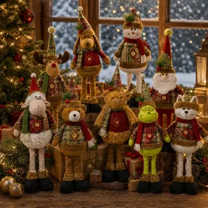 Detailed set of nine Christmas plush dolls including snowman, reindeer, and Grinch style