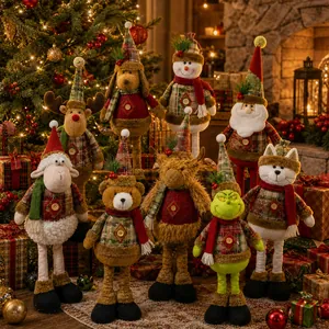 Detailed view of assorted Christmas plush figures with telescopic legs in festive attire