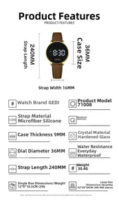 Detailed specification chart of the GEDI silicone digital watch with 36mm gold case