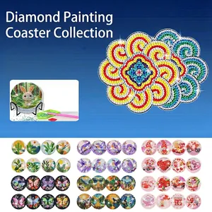 Diamond Painting Coasters Acrylic Cork Mandala Cat Flower Patterns Heat Insulated Desktop Decor Handmade Metal Holder