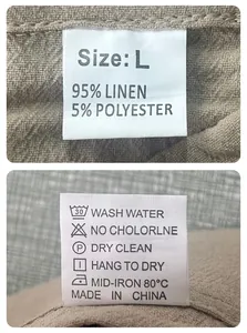 Detailed fabric label showing 95% linen material and care instructions for the polo shirt