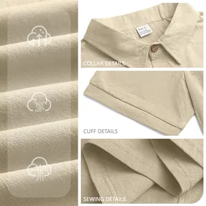 Men's breathable beige linen polo shirt with detailed collar and texture views