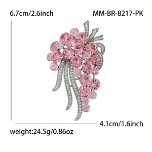 Pink crystal grape brooch with silver alloy base and clear cubic zirconia inlays