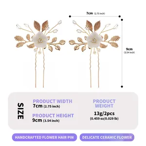 Elegant gold leaf and ceramic flower bridal hair pins set for weddings and accessories