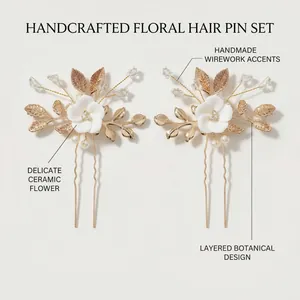 Detailed wirework on bridal hair pins with ceramic flowers and golden leaf accents
