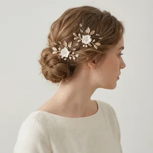 Vintage Gold Alloy Hair Pin With Ceramic-Look Flower And Imitation Artificial Pearl Wedding Bridal U-Shaped Hair Fork For Women Headwear