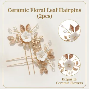 Set of 2 golden leaf hair pins with handmade ceramic flowers and white pearls