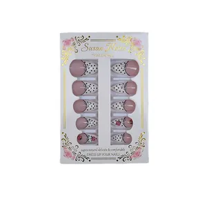French bow polka dot press-on nails set with pink roses in 24 pieces display box