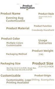 Detailed size and material specification chart for the acrylic oval shell evening bag