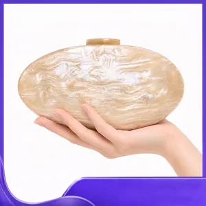 Acrylic Marble Texture Evening Clutch Bag Oval Shell Shape Elegant Wedding Party Crossbody Purse With Chain Strap