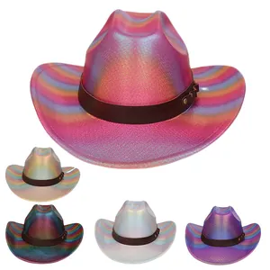 Chapeau de Cowboy de l'Ouest Holographique pour Femmes Hommes Dégradé Laser Métallique Large Bord Party Jazz Fedora Avec Ceinture à Clous