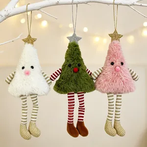 Three plush Christmas tree hanging decorations in white, green and pink with cute faces