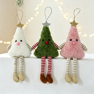 Three plush Christmas tree dolls in white green and pink with striped long legs